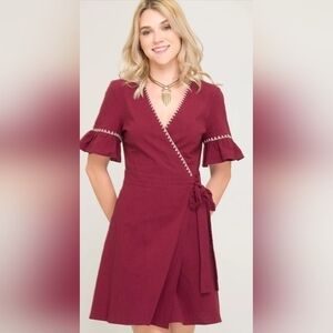 She+Sky Flutter Sleeve Embroidered Wrap Dress Size Large 100% Cotton